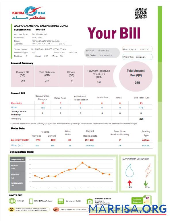 Blank QATAR KAHRA MAA utility bill Word and PDF template